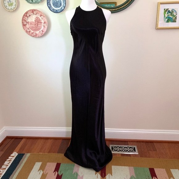 Vintage 90s Racerback Halter Deep Eggplant Purple Bias Satin Dress Gown 2 - Picture 1 of 10